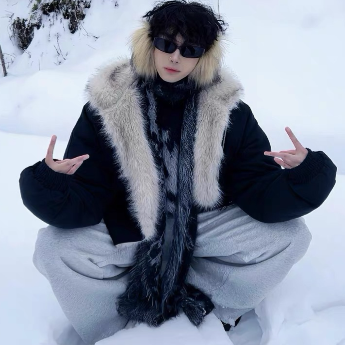 座山雕连帽外套冬季情侣款棉服男