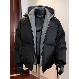 冬季PU皮黑色美式假两件连帽羽绒服男短款加厚保暖面包服棉服外套