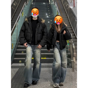 冬季美式PU皮黑色毛领连帽短款羽绒服男女情侣加厚高街派克服棉服