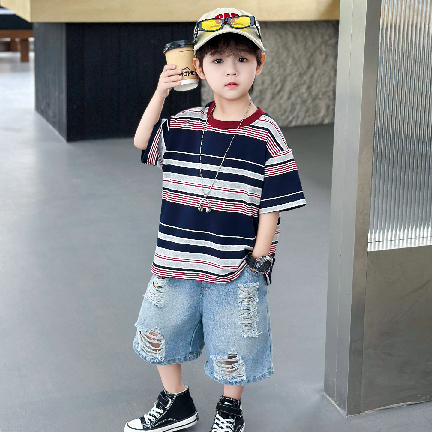 男童夏季套装儿童时髦条纹衣服