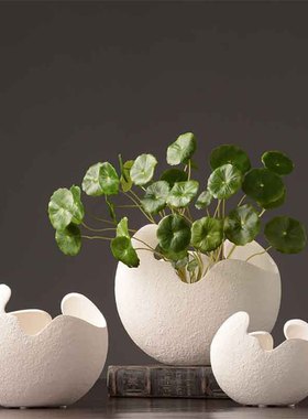 现代简约白色铜钱草陶瓷花瓶摆件插花客厅家餐桌电视柜家居