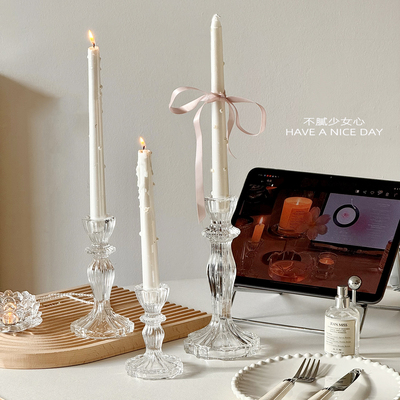 欧式复古玻璃烛台餐桌装饰摆件ins拍照道具长蜡烛香薰蜡烛小烛台