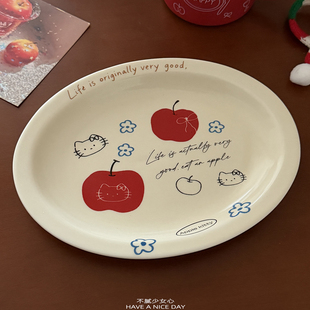 韩系卡通可爱风陶瓷盘子红苹果印花家用餐盘少女心苹果猫咪