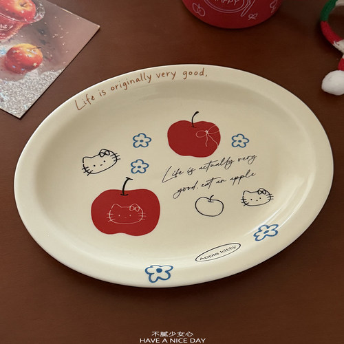 韩系卡通可爱风陶瓷盘子红苹果印花家用餐盘少女心苹果猫咪