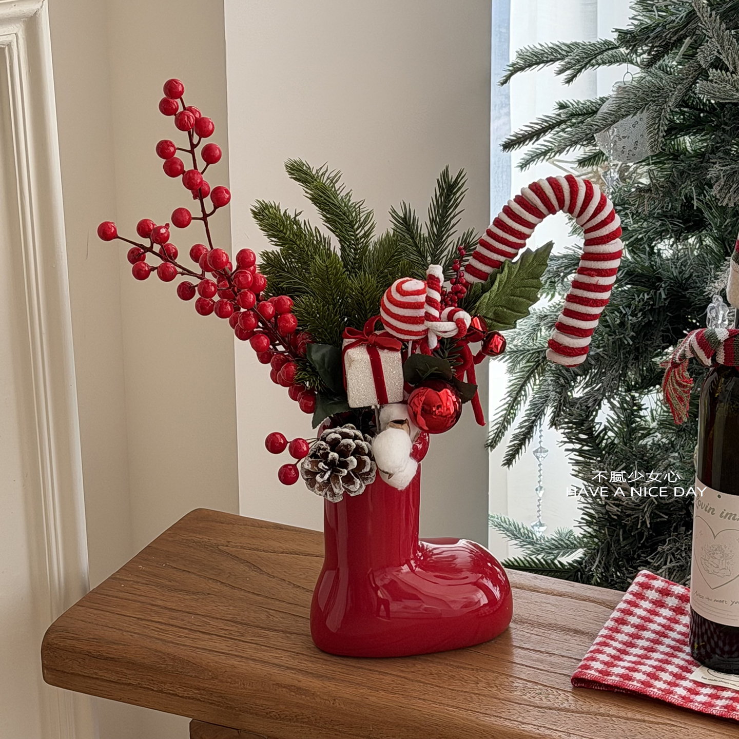 红色靴子花瓶！圣诞节居家桌面装饰摆设装饰品创意礼物乔迁搬家