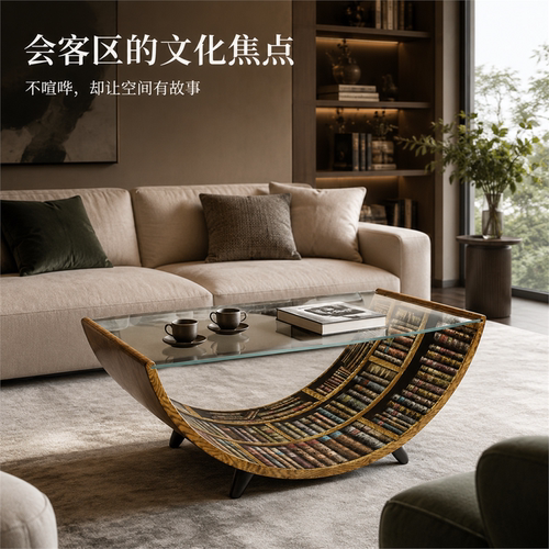 轻奢艺术实木弧形玻璃茶几
