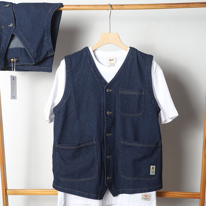 外贸夏季男士牛仔马夹纯色多口袋