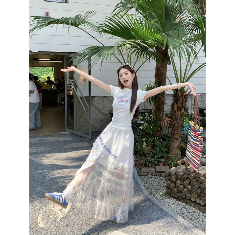 韩系印花短袖T恤不规则网纱拼接半身裙2025夏季新款时尚两件套女