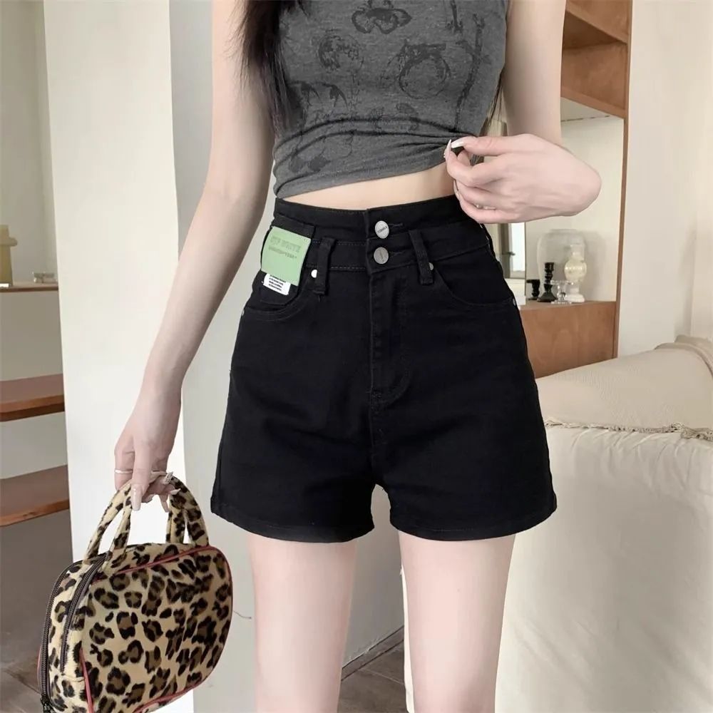黑色高腰牛仔短裤女夏季薄款大码胖mm显瘦遮肚小个子a字阔腿热裤