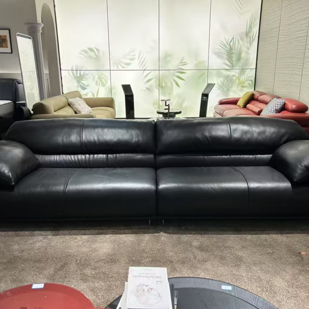 中古风极简新款牛皮真皮沙发直排