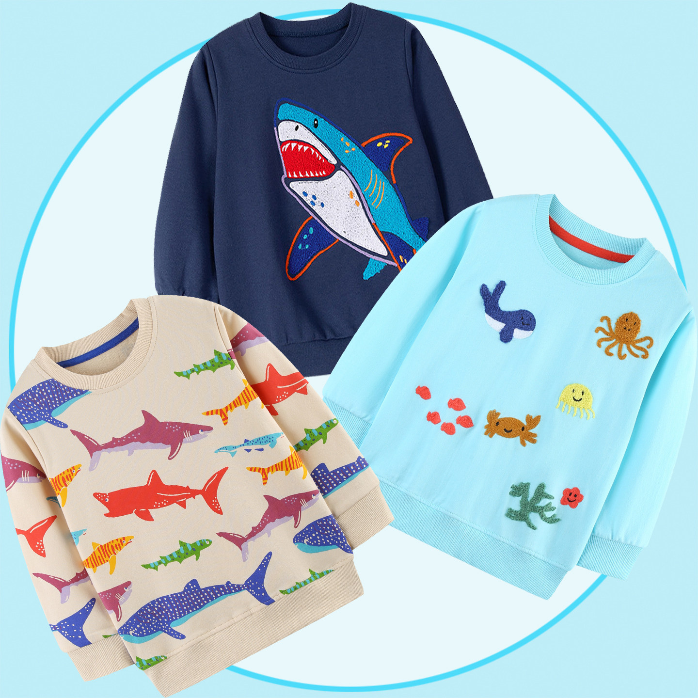 鲨鱼卫衣小男童纯棉毛圈薄款春季新款满印海洋动物世界儿童装上衣