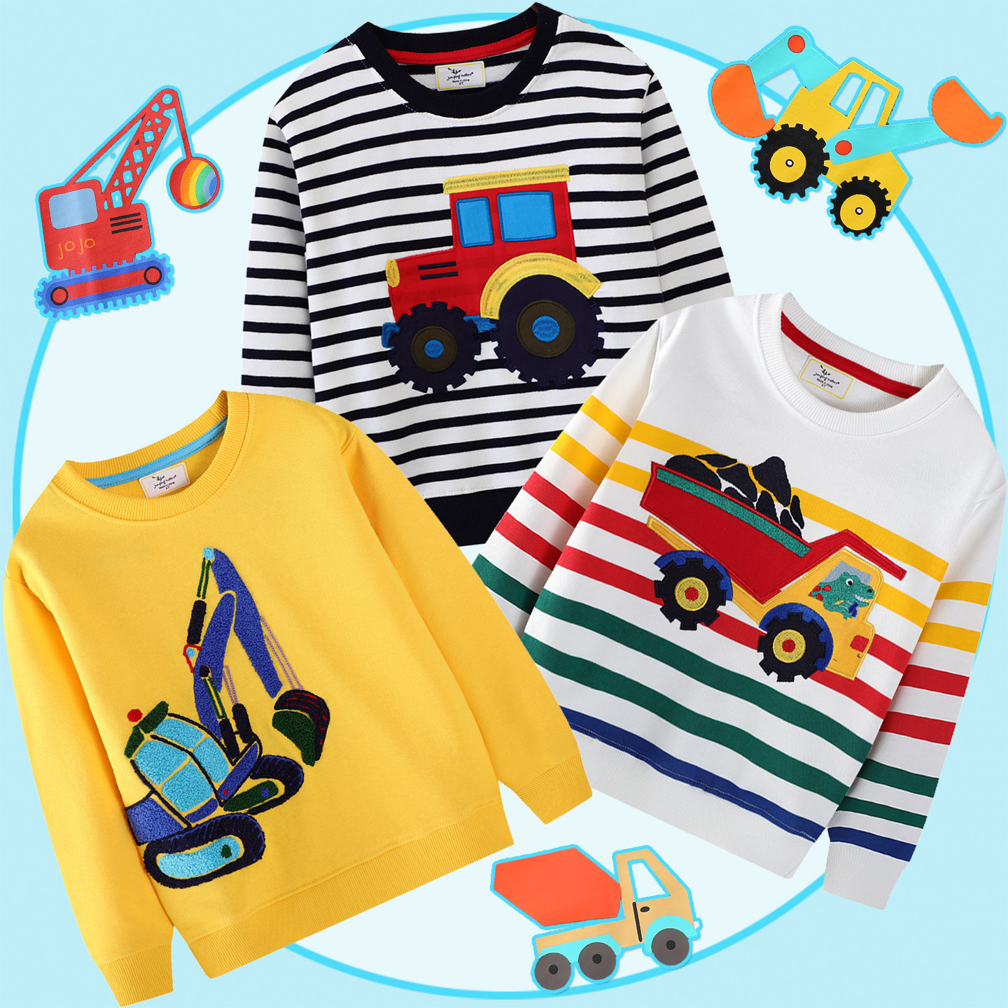 儿童衣服挖掘机春秋打底纯棉毛圈不加绒铲车搅拌车男童小衫卫衣冬