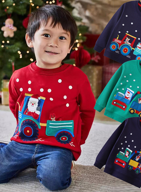 挖掘机衣服儿童纯棉卫衣秋装卡通圣诞老人工程车新年红色男童小衫