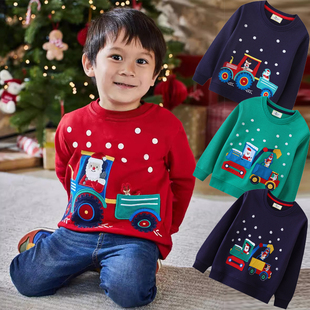 挖掘机衣服儿童纯棉卫衣春秋装卡通不加绒工程车新年红色男童小衫