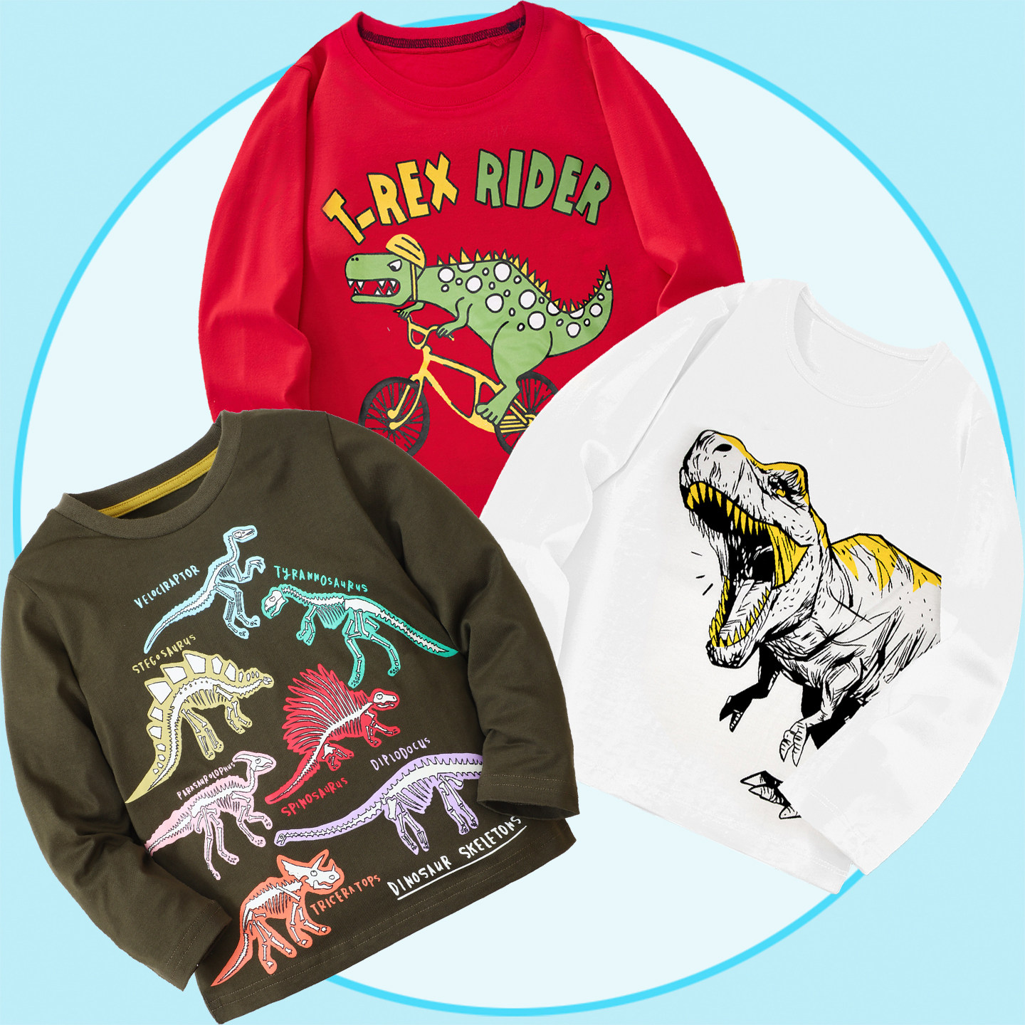 儿童恐龙T恤春装薄款霸王龙剑龙男童纯棉打底衫外穿秋衣红色上衣