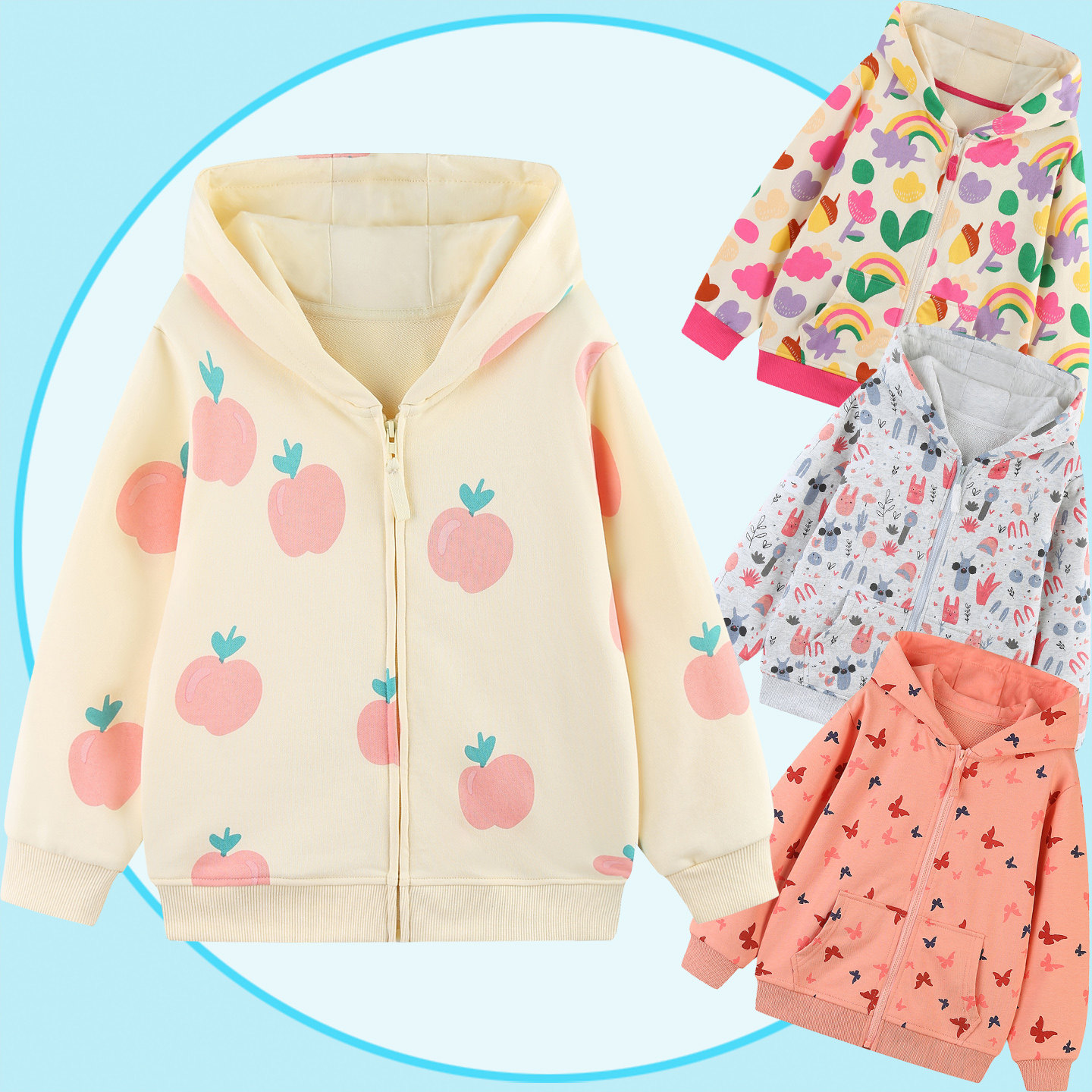 女童初春外套卡通连帽拉链卫衣开衫蝴蝶苹果兔子彩虹图案衣服薄款