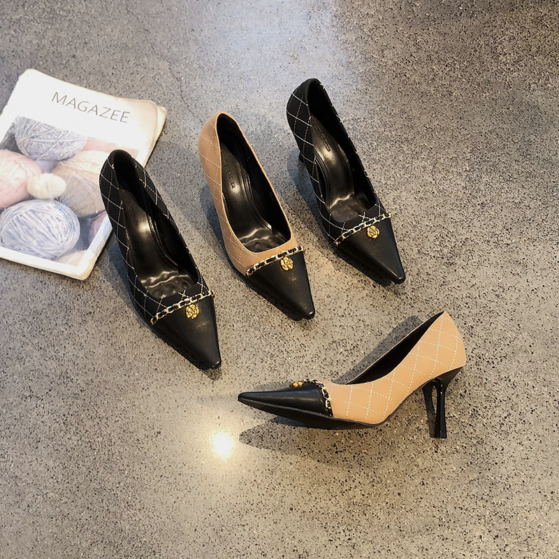 小香风拼接尖头浅口高跟鞋2026年春季花型链条细跟名媛气质单鞋女,女鞋,浅口单鞋,淘宝优惠券,粉丝福利购,淘宝优惠卷