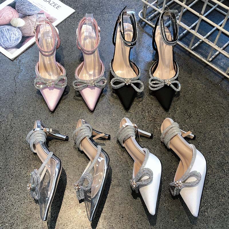 2025年新款凉鞋女夏黑色绑带高跟鞋细跟尖头包头蝴蝶结网红仙女风