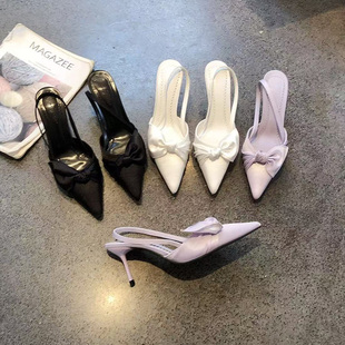 名媛风褶皱蝴蝶结仙女高跟鞋2026年春夏新款绸缎尖头细跟包头凉鞋