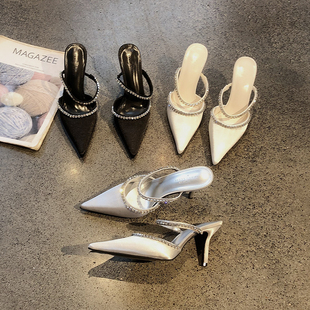 绸缎面尖头细跟气质名媛半拖鞋女2026年新款水钻一字带包头高跟鞋