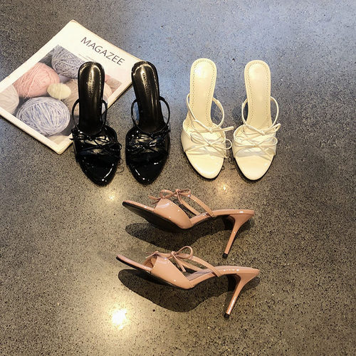 裸粉色甜美蝴蝶结高跟露趾凉拖鞋