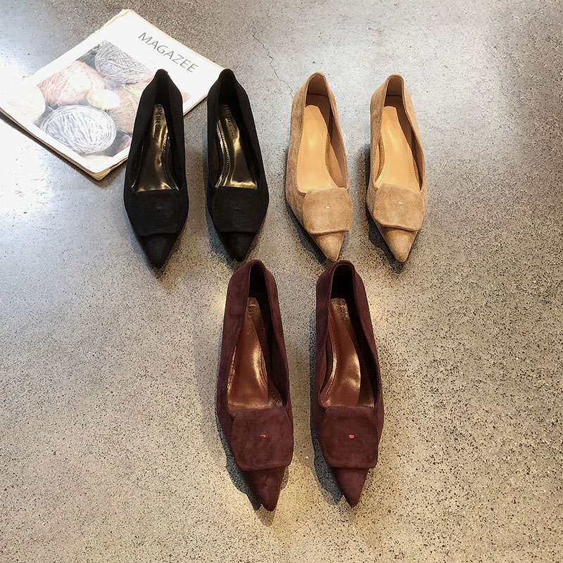 绒面尖头中跟单鞋浅口细跟晚晚鞋