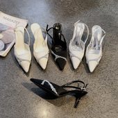 女细跟后绊带包头凉鞋 2026年春夏新款 绸缎面尖头水钻带气质高跟鞋