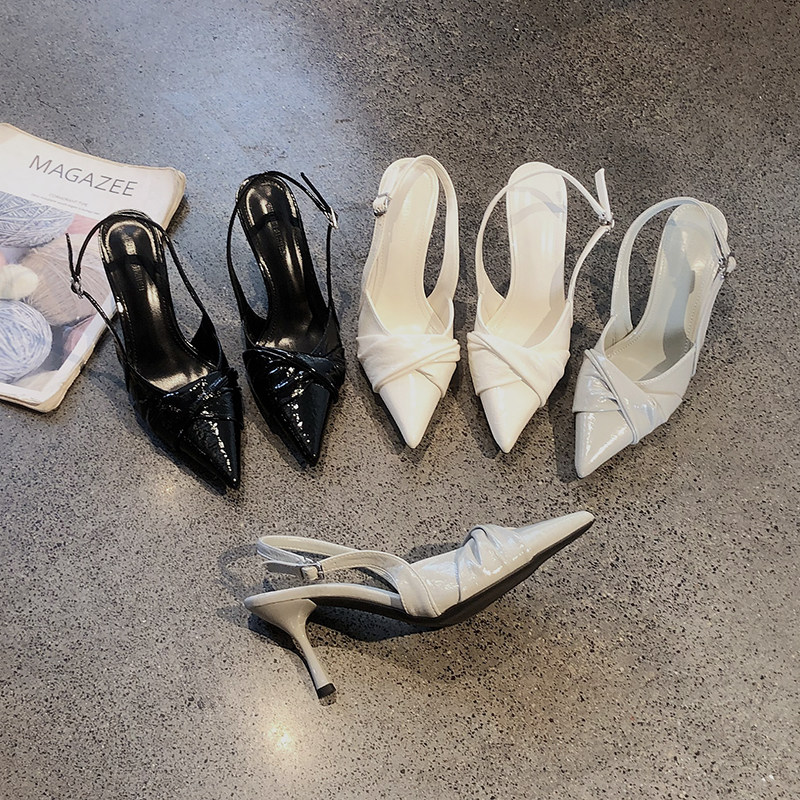 法式褶皱浅口包头凉鞋女2026年新款尖头后绊带气质名媛时尚高跟鞋