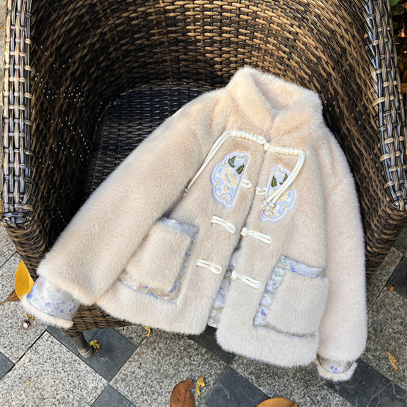 女童冬季加绒外套2025新款女宝宝年服儿童中国风兔毛棉衣中小大童