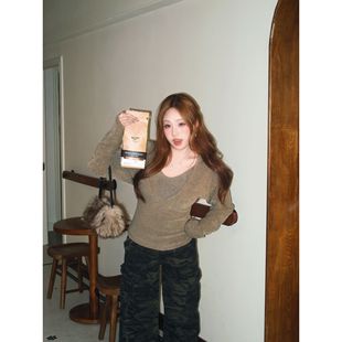 【叠穿派对】丝丝日记V领长袖修身上衣撞色吊带两件套