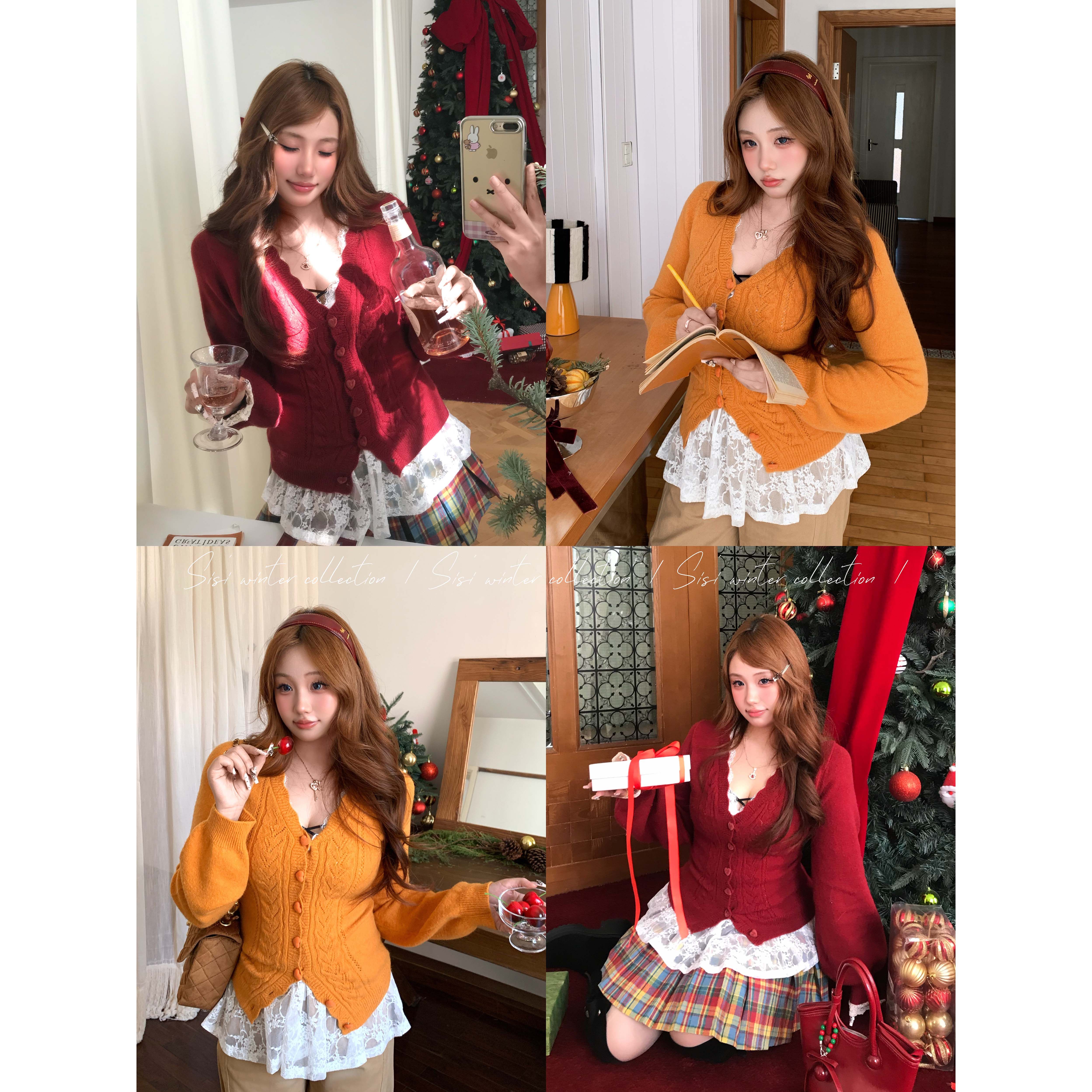 【圣诞恋歌】丝丝定制INS风毛衣针织开衫女叠穿蕾丝打底微胖显瘦