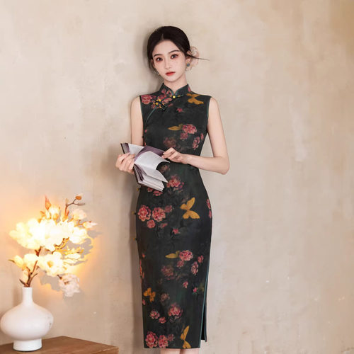 墨绿无袖改良旗袍繁花蝴蝶印花复古雅致优雅气质修身连衣裙日常女