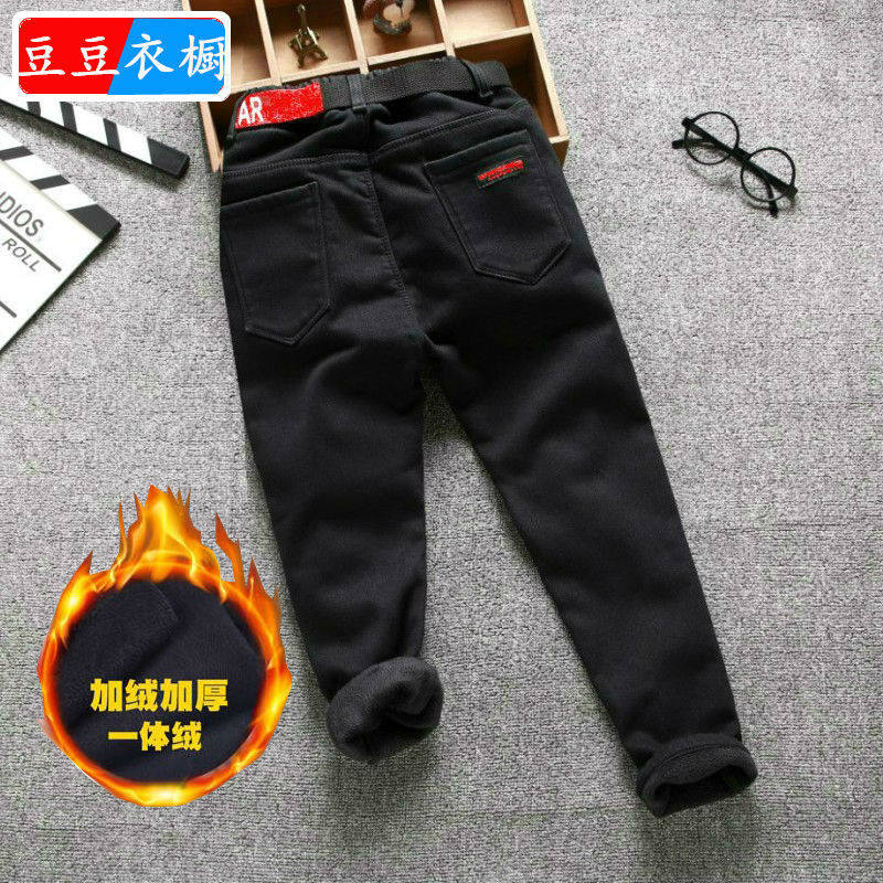 2025款男童牛仔裤秋冬加绒小中大童休闲裤修身黑色弹力小脚裤窄版