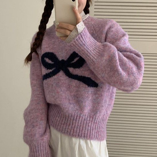 韩系风提花蝴蝶结套头毛衣女秋冬软糯甜美慵懒风羊毛针织衫上衣
