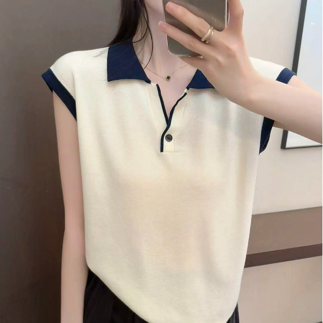 夏季薄款polo领针织衫短袖女2026夏季新款轻奢气质撞色套头上衣