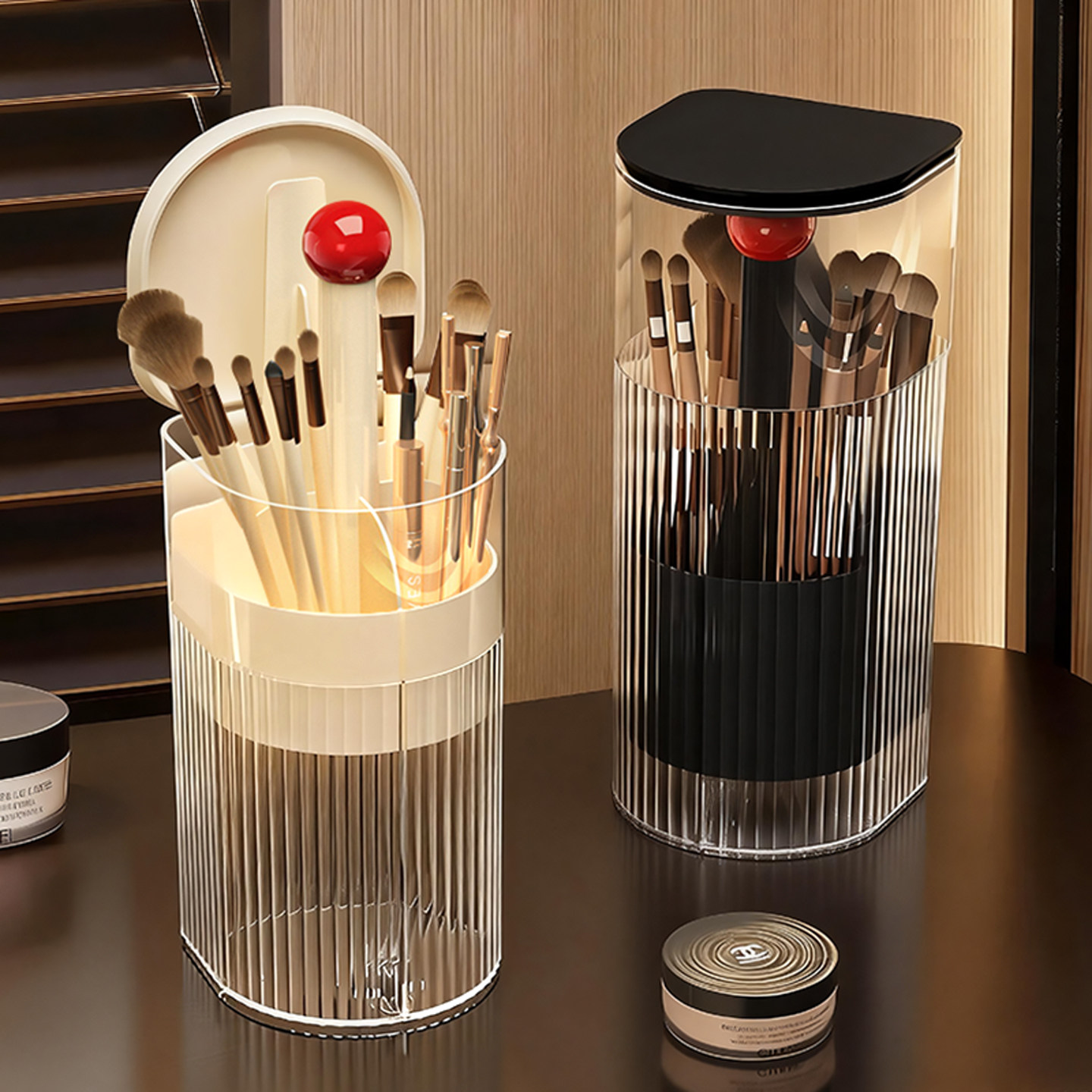 化妆刷收纳筒桌面按压防尘眼影粉底刷子眉笔高级感自动升降化妆桶