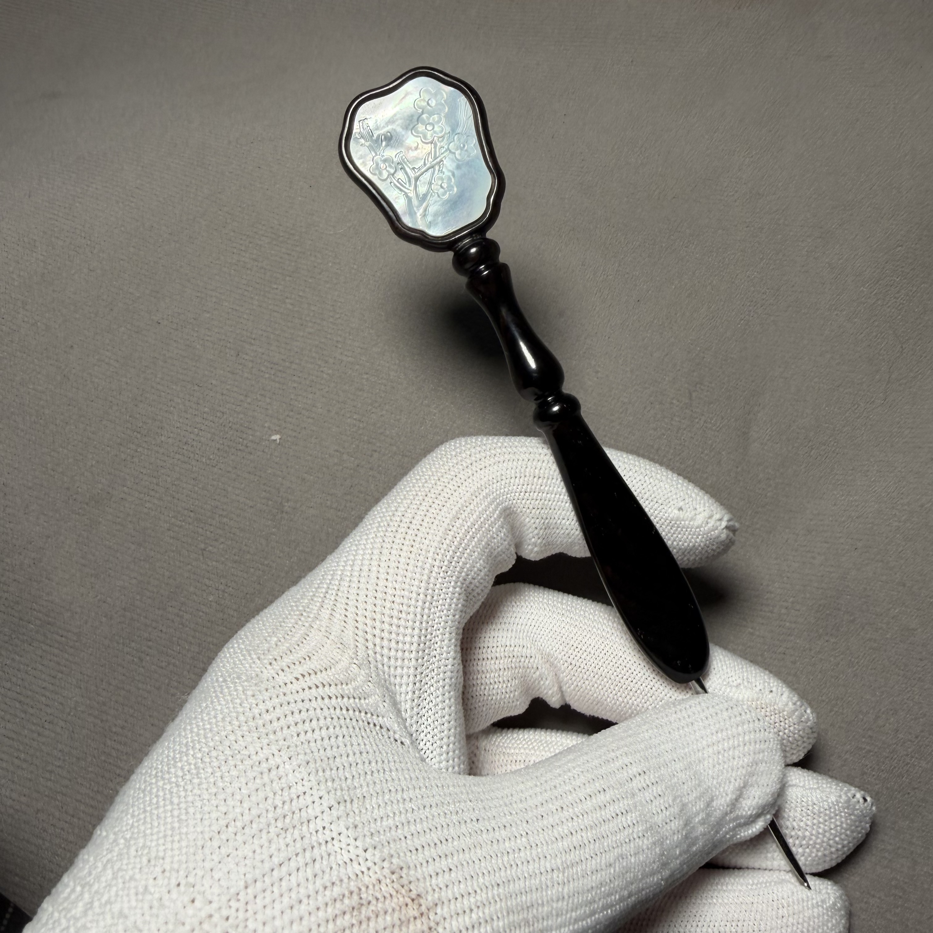 周九糖黑檀团扇赏梅款钩针沪牌七针坊手工钩针柄编制钩针