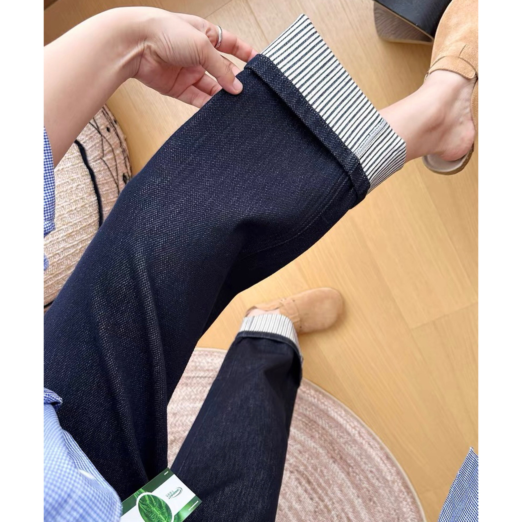 条纹原牛！秋季酵素固色丹宁牛仔裤女显瘦翻边修腿九分直筒阔腿裤
