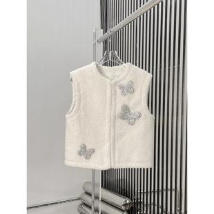 新款重工钉钻蝴蝶章仔羊羔毛马甲环保皮草马甲背心马夹简约