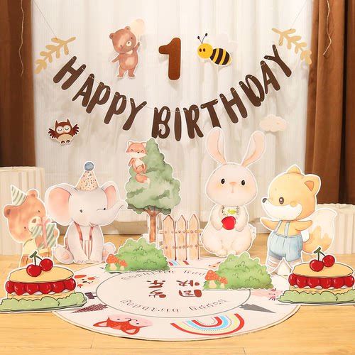 ins森系动物主题宝宝一周岁生日布置100天装饰KT板派对装扮背景墙