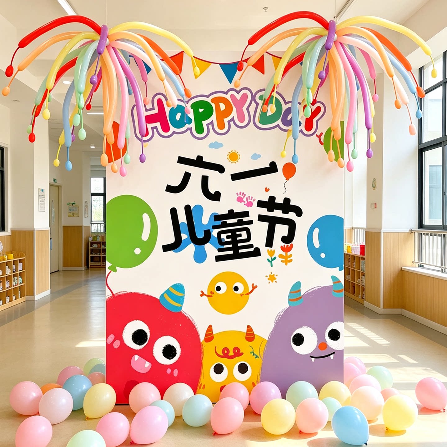 六一儿童节幼儿园场景布置装饰氛围气氛教室道具气球kt展板背景墙