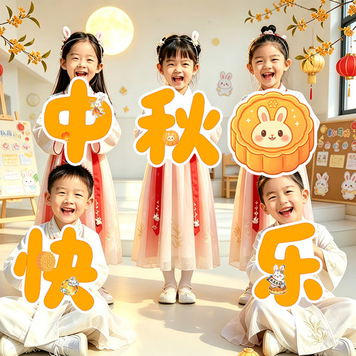 中秋节手举牌氛围拍照道具商场门店幼儿园国庆氛围仪式感装饰布置