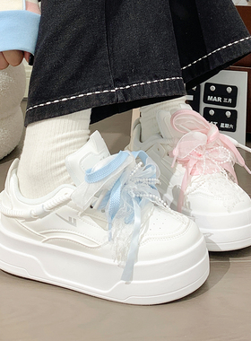回力原创蕾丝蝴蝶结白色厚底板鞋女百搭小众甜美爆款休闲小白鞋子