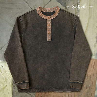 美式复古重磅纯棉亨利衫长袖T恤重工做旧洗水休闲撞色亨利领上衣