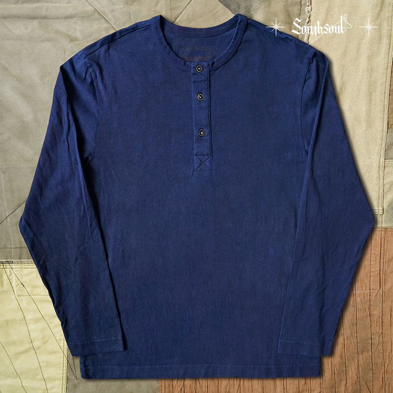 美式复古重磅双纱纯棉蓝染亨利衫手工植物染草木染亨利领长袖T恤