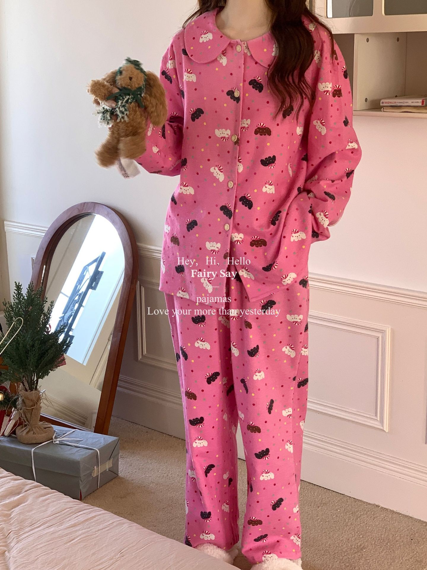 纯棉磨毛春秋女士卡通长袖家居服