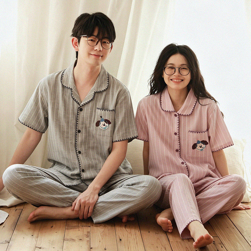 快乐小狗 | 纯棉双层纱布男女情侣春夏短袖长裤睡衣可外穿家居服