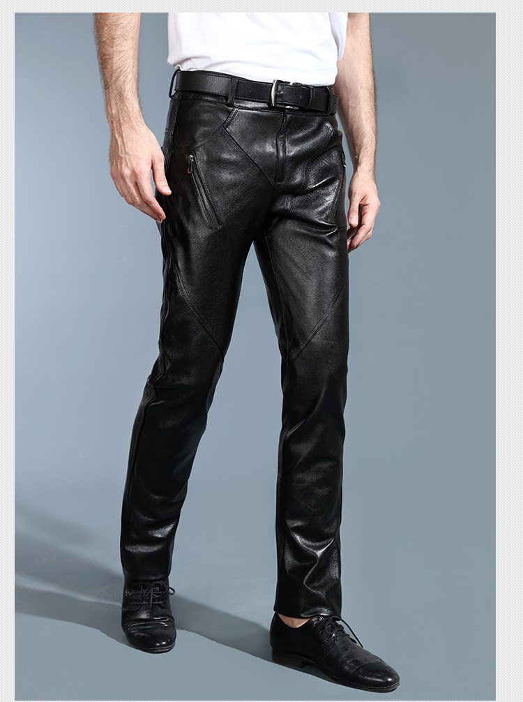 HAININGS NEW LEATHER PANTS MENS MOTORCYCLE GOATSKIN PLUS VELVET THICKENED MOTORCYCLE TOP LAYER COWHIDE SLIM-FIT WINTER TROUSERS