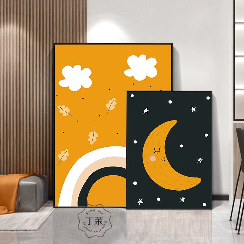 现代简约可爱温馨小清新卡通动物橙色儿童房装饰画卧室玄关走画