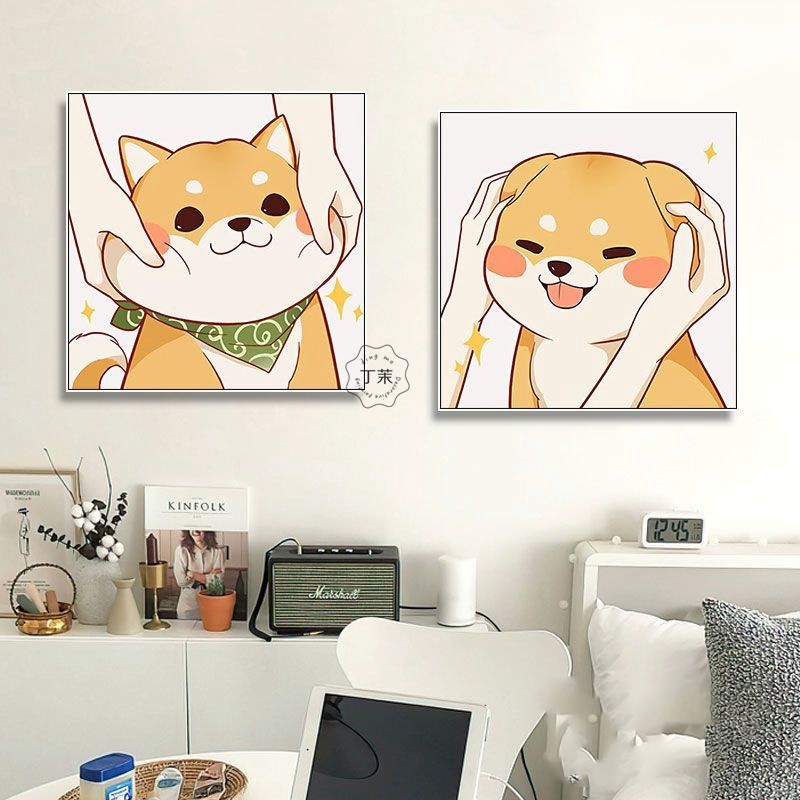 卡通可爱柴犬装饰画治愈萌系小动物房间挂画卧室书房小狗背景画